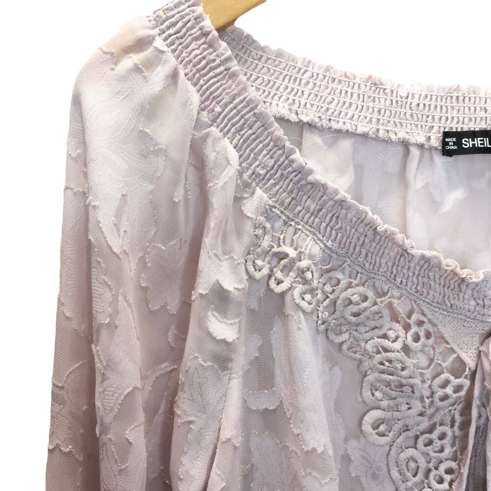 Fairy Feminine Whimsical Blouse Peasant Lilac Women Medium Sheer Crochet Lace